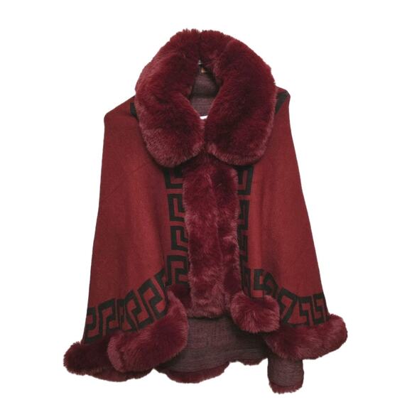 Beck Onbroad Accessories - Womens Greek Key Ruana Shawl Faux Fur Trim OS Red/Black Greek Key Acrylic